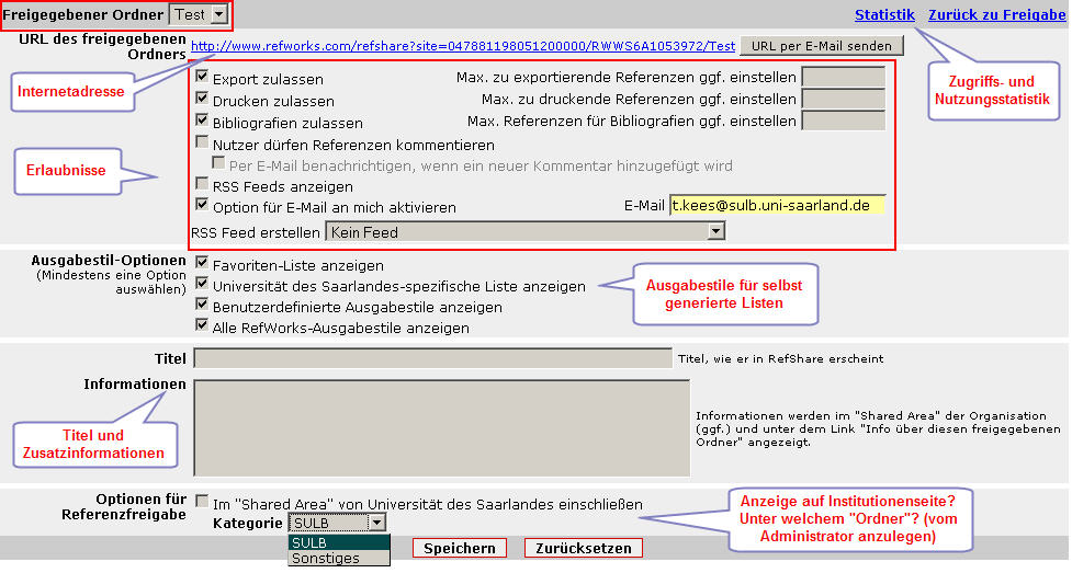 Freigabeoptionen von RefShare