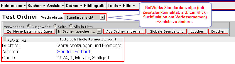 RefWorks-Standardanzeige mit Zusatzfunktionalität